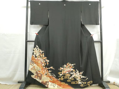平和屋着物■豪華黒留袖　駒刺繍　流水枝梅文　暈し染め　金彩　正絹　逸品　DABH1299qa