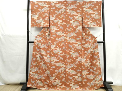 平和屋着物■上質な小紋　型染め　流水花鳥文　鬼しぼ縮緬　正絹　逸品　DABH1351qa