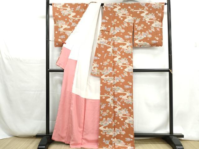 平和屋着物■上質な小紋　型染め　流水花鳥文　鬼しぼ縮緬　正絹　逸品　DABH1351qa
