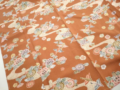 平和屋着物■上質な小紋　型染め　流水花鳥文　鬼しぼ縮緬　正絹　逸品　DABH1351qa