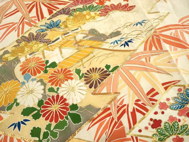 平和屋着物■豪華振袖　駒刺繍　風景花文　松竹梅　金彩　正絹　逸品　DABH1354qa