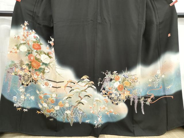 平和屋着物■染匠　久保耕　黒留袖　駒刺繍　花車文　松竹梅　暈し染め　金彩　正絹　逸品　DABH1370qa
