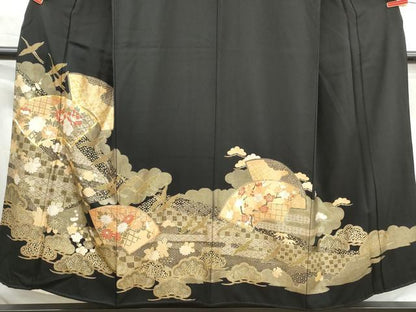平和屋着物■豪華黒留袖　駒刺繍　地紙飛鶴花文　松竹梅　金銀彩　正絹　逸品　DABH1386qa