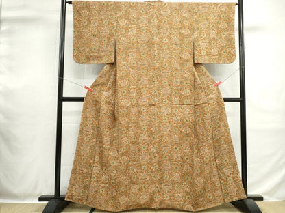 平和屋着物■上質な小紋　型染め　更紗花文　鬼しぼ縮緬　正絹　逸品　DABH1397qa