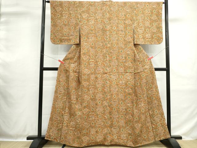 平和屋着物■上質な小紋　型染め　更紗花文　鬼しぼ縮緬　正絹　逸品　DABH1397qa