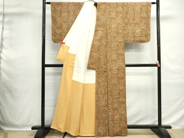 平和屋着物■上質な小紋　型染め　更紗花文　鬼しぼ縮緬　正絹　逸品　DABH1397qa