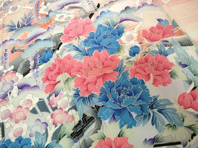 平和屋着物■豪華振袖　駒刺繍　風景花松文　牡丹　暈し染め　金彩　正絹　逸品　DABH1409qa