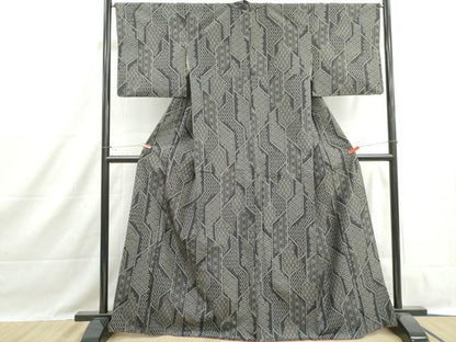 平和屋着物■上質な紬　幾何学青海波文　黒地　正絹　逸品　DABH1437qa