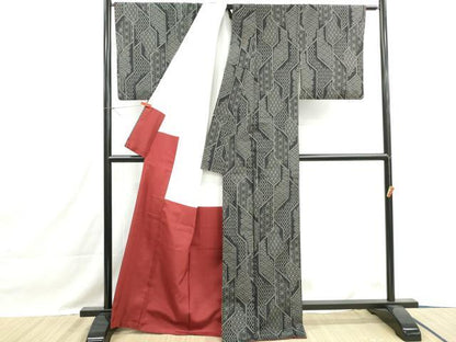 平和屋着物■上質な紬　幾何学青海波文　黒地　正絹　逸品　DABH1437qa