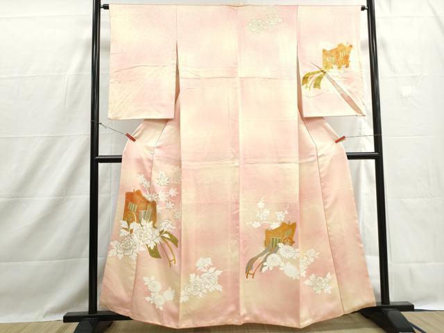 平和屋着物■訪問着　駒刺繍　御所車花文　牡丹　暈し染め　金彩　正絹　逸品　DABH1446qa