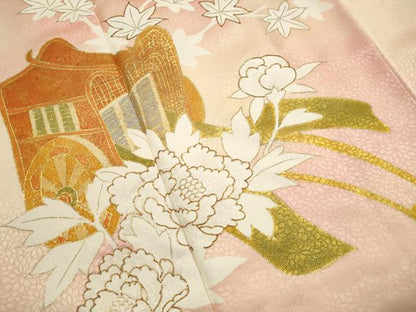 平和屋着物■訪問着　駒刺繍　御所車花文　牡丹　暈し染め　金彩　正絹　逸品　DABH1446qa