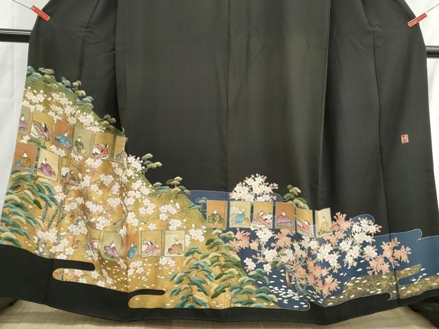 平和屋着物■豪華黒留袖　作家物　人物風景枝松花文　金彩　正絹　逸品　DABH1467qa