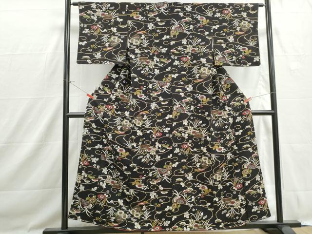 平和屋着物■上質な小紋　流水花松文　黒地　正絹　逸品　DABH1485qa