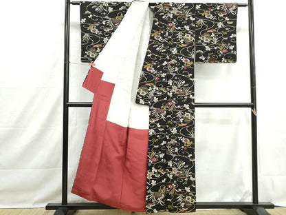 平和屋着物■上質な小紋　流水花松文　黒地　正絹　逸品　DABH1485qa