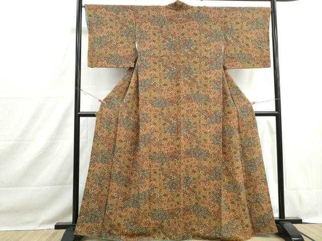平和屋着物■上質な小紋　切嵌更紗花文　鬼しぼ縮緬　正絹　逸品　DABH1509qa
