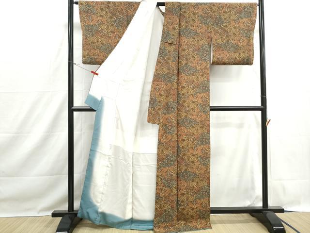 平和屋着物■上質な小紋　切嵌更紗花文　鬼しぼ縮緬　正絹　逸品　DABH1509qa