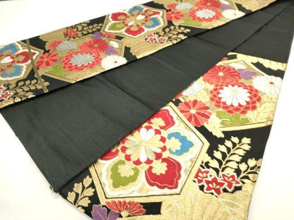 平和屋着物◎六通柄袋帯　唐織　亀甲花文　黒地　金銀糸　正絹　逸品　DABH1529cd