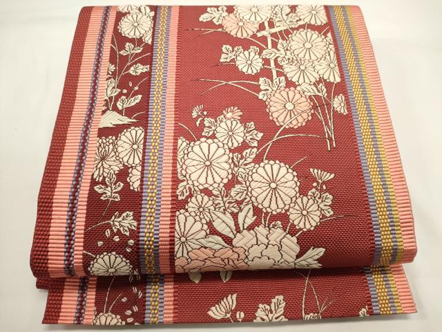 平和屋着物◎本場筑前博多織　八寸名古屋帯　唐織　草花文　正絹　逸品　DABH1544cd