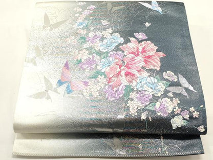平和屋着物◎両面　六通柄袋帯　唐織　花蝶文　金銀糸　正絹　逸品　DABH1551cd