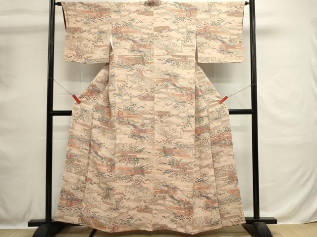 平和屋着物■上質な小紋　渡橋吉祥花文　鬼しぼ縮緬　正絹　逸品　DABH1598cd