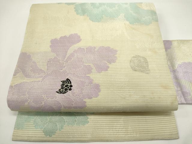 平和屋着物＊夏物　アンティーク　大正ロマン　九寸名古屋帯　牡丹文　銀糸　正絹　逸品　DABH1616cd