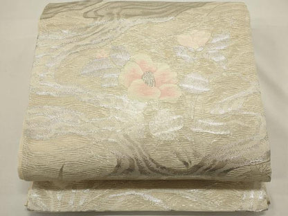 平和屋着物＊夏物　六通柄袋帯　流水草花文　銀糸　正絹　逸品　DABH1632cd