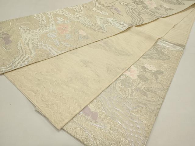 平和屋着物＊夏物　六通柄袋帯　流水草花文　銀糸　正絹　逸品　DABH1632cd