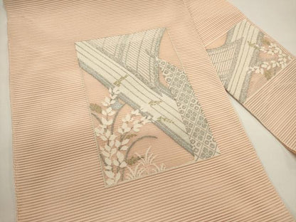 平和屋着物＊夏物　絽綴れ　九寸名古屋帯　色紙花文　金銀糸　正絹　逸品　DABH1642cd