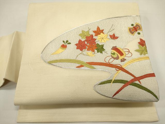 平和屋着物＊夏物　九寸名古屋帯　駒刺繍　宝尽くし花文　銀糸　正絹　逸品　DABH1643cd