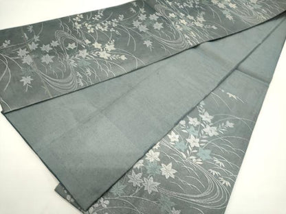 平和屋着物＊夏物　六通柄袋帯　流水草花文　銀糸　正絹　逸品　DABH1645cd