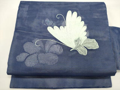 平和屋着物＊夏物　九寸名古屋帯　総刺繍　花蝶文　銀糸　正絹　逸品　DABH1649cd