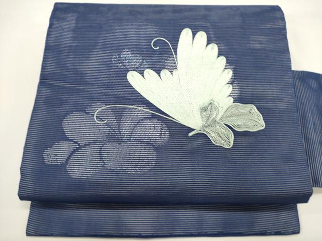 平和屋着物＊夏物　九寸名古屋帯　総刺繍　花蝶文　銀糸　正絹　逸品　DABH1649cd