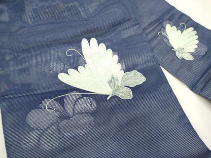 平和屋着物＊夏物　九寸名古屋帯　総刺繍　花蝶文　銀糸　正絹　逸品　DABH1649cd