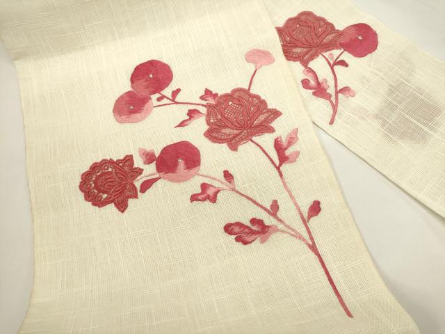 平和屋着物＊夏物　八寸名古屋帯　総刺繍　枝花文　DABH1654cd