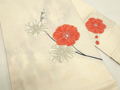 平和屋着物＊夏物　九寸名古屋帯　草花文　金銀糸　正絹　逸品　DABH1656cd
