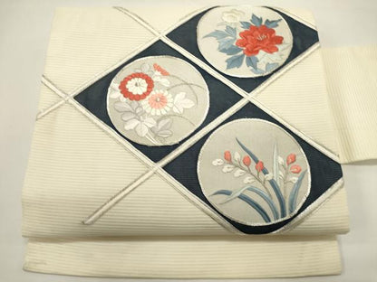 平和屋着物＊夏物　九寸名古屋帯　駒刺繍　花丸文　正絹　逸品　DABH1658cd