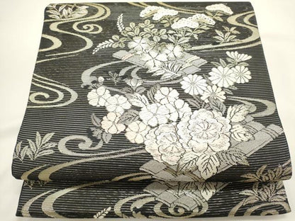 平和屋着物＊夏物　六通柄袋帯　唐織　流水花筏文　黒地　金糸　正絹　逸品　DABH1664cd