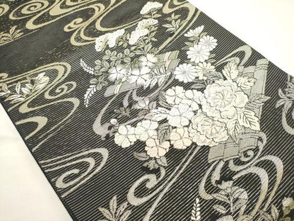 平和屋着物＊夏物　六通柄袋帯　唐織　流水花筏文　黒地　金糸　正絹　逸品　DABH1664cd