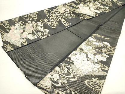 平和屋着物＊夏物　六通柄袋帯　唐織　流水花筏文　黒地　金糸　正絹　逸品　DABH1664cd