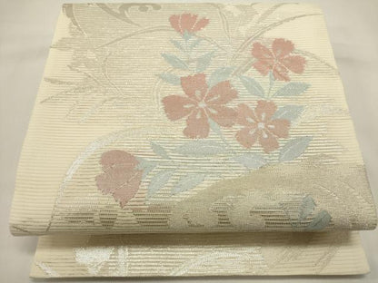 平和屋着物＊夏物　六通柄袋帯　流水花文　銀糸　正絹　逸品　DABH1680cd