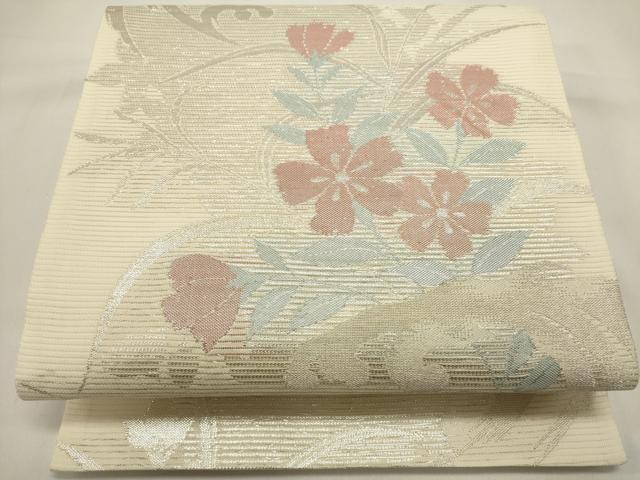 平和屋着物＊夏物　六通柄袋帯　流水花文　銀糸　正絹　逸品　DABH1680cd