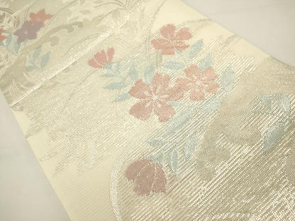 平和屋着物＊夏物　六通柄袋帯　流水花文　銀糸　正絹　逸品　DABH1680cd