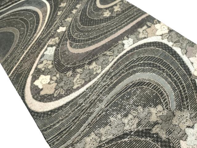 平和屋着物＊夏物　六通柄袋帯　流水花文　黒地　銀糸　正絹　逸品　DABH1684cd