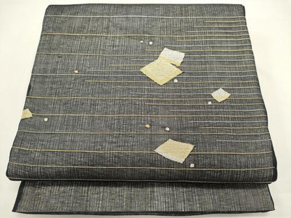 平和屋着物＊夏物　太鼓柄袋帯　すくい織　菱文　黒地　金銀糸　正絹　逸品　DABH1685cd