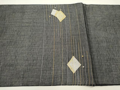 平和屋着物＊夏物　太鼓柄袋帯　すくい織　菱文　黒地　金銀糸　正絹　逸品　DABH1685cd