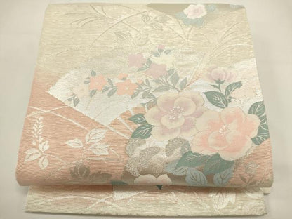 平和屋着物＊夏物　六通柄袋帯　扇面花文　銀糸　正絹　逸品　DABH1707cd