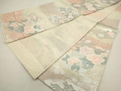 平和屋着物＊夏物　六通柄袋帯　扇面花文　銀糸　正絹　逸品　DABH1707cd