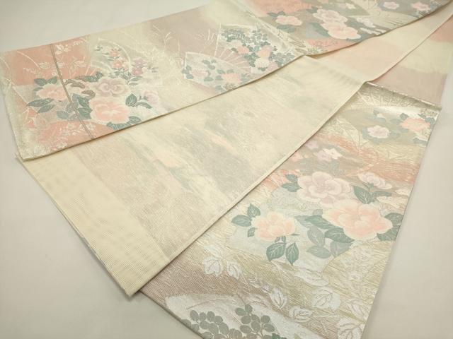 平和屋着物＊夏物　六通柄袋帯　扇面花文　銀糸　正絹　逸品　DABH1707cd