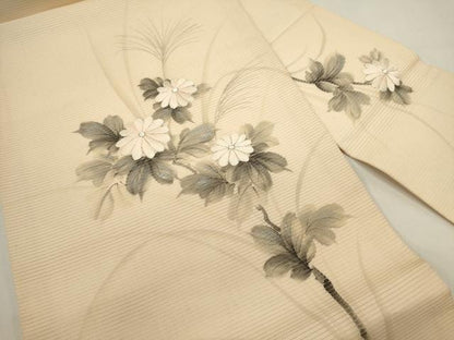 平和屋着物＊夏物　九寸名古屋帯　作家物　手描き　刺繍　草花文　銀彩　正絹　逸品　DABH1731cd