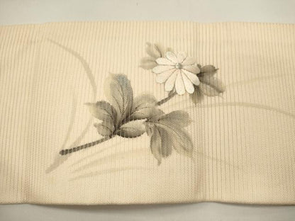 平和屋着物＊夏物　九寸名古屋帯　作家物　手描き　刺繍　草花文　銀彩　正絹　逸品　DABH1731cd